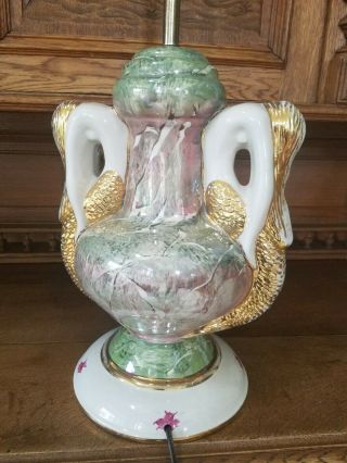 Rare Vintage Leviton Porcelain Table Gold Mermaids Green Marble Large Lamp 32 "