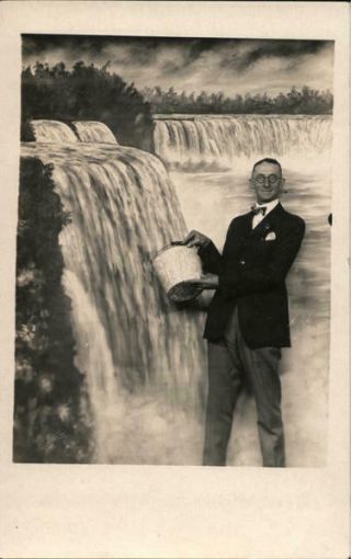 Men Rppc Studio Portrait Of Man Catching Water From Niagara Falls Postcard