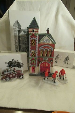Dept 56 Christmas In The City Red Brick Fire Station,  Fire Brigade & Fire Truck