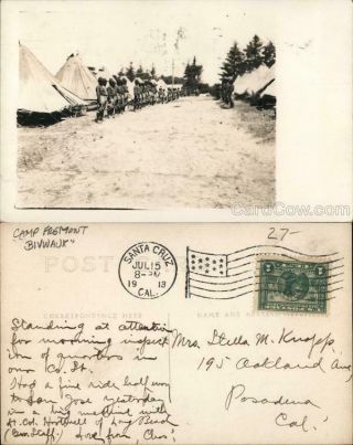 1913 Rppc Palo Alto,  Ca Camp Fremont " Bivwauk " Santa Clara County California