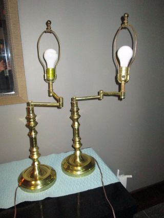 Vtg Mid Century Brass Swing Arm Table Desk Lamps Pair Two