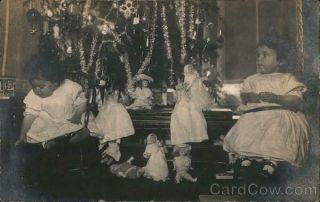 Children Rppc Small Girls And Dolls In Front Of Christmas Tree Postcard Vintage