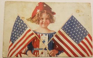 Vintage Patriotic Postcard Circa 1912 Young Girl With Flags & Usa Dress