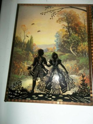 Vintage Silhouette Pictures Reverse Painted on Convex Glass Women & Man Courting 3