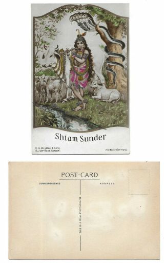 India Hindu Religious Real Photo Tinted Postcard Lord Krishna Serpent Cow German