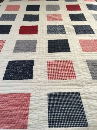 Vintage Hand Crafted Red White Blue Check Quilt 83 " X 81 "