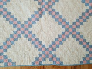 Vintage Handmade Irish Chain Quilt Pink Blue White Checks 71x80