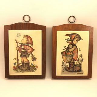 2 Vintage Hummel Country Boy & Girl Plaque Printed Art Card On Wood Wall Hanging