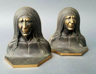 Antique Cast Bronze American Indian Chief Bookends