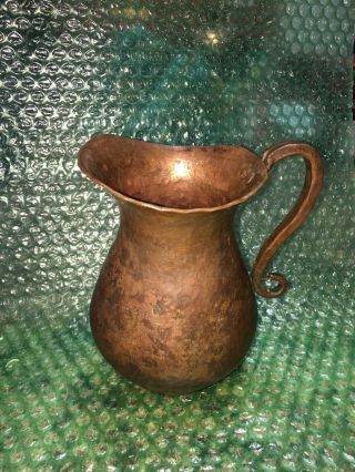 Small Antique Vintage Hand Hammered Copper Pitcher Vase,  Copper Handle 5 