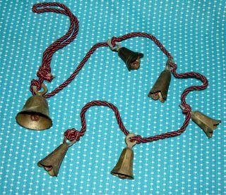 6 Vtg India Brass Bells String 2 ½” & 2 ¼” Etched Engraved Hanging Door Chain