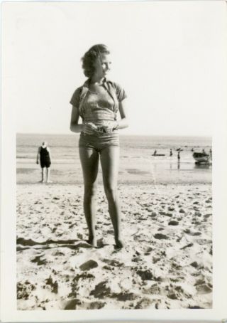 Vintage Snapshot Photo - Pretty Smiling Girl On The Beach In Swimsuit