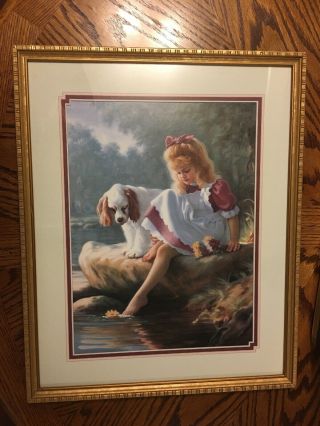 Home Interior Gold Framed Print Girl With Cocker Spaniel Dog 21 " X 17 "