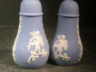 Wedgwood White On Blue Jasperware Salt & Pepper Shakers Cupid Design