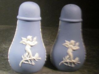 Wedgwood White On Blue Jasperware SALT & PEPPER SHAKERS Cupid Design 2