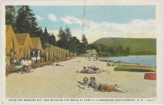 C1920s Sun Bathers On The Beach At Camp Of The Woods Lake Pleasant Ny Postcard