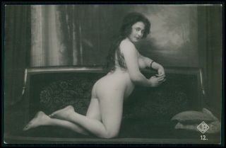 Early Biederer French Nude Woman Kneeling On Sofa 1920s Photo Postcard