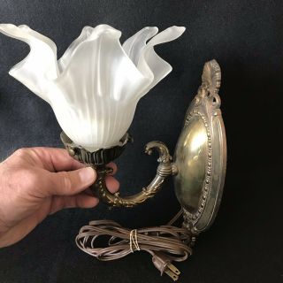 Vintage Brass and Frosted Glass Electric Wall Lamp Sconce Light Fixture Corded 2
