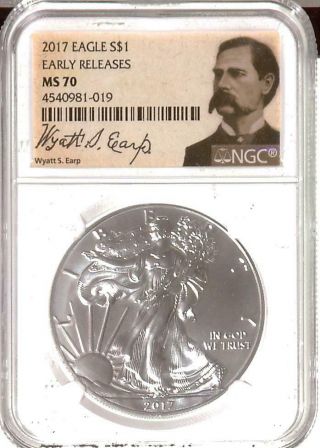. 999 1oz 2017 American Silver Eagle | Ngc Ms70 | Er | Wyatt Earp Label (r17106)