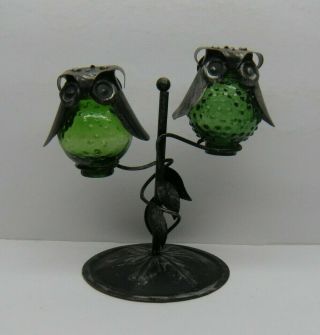 Vintage Green Hobnail Glass And Metal Owls In Tree Salt And Pepper Shakers.