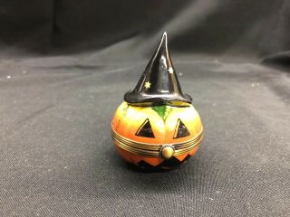Limoges Trinket Box Halloween Pumpkin With Witch Hat 7/500 Peint Main Oervailles