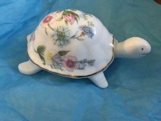 Aynsley Fine Bone China White Turtle With Colorful Flowers On Shell Tinket Box