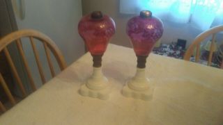 Antique Cranberry Etched Glass Oil Lamps Milk Glass Base