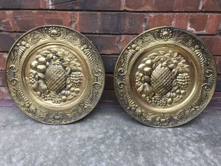 Pair 2 Vintage Round Brass Embossed Wall Plates Pineapples Made In England 14 "