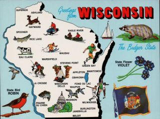 Greetings From Wisconsin Vintage Map Postcard