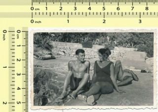 Pretty Couple On Beach,  Shirtless Guy & Swimsuit Woman Monokini Beach Lady Photo