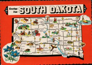 Greetings From South Dakota Vintage Map Postcard