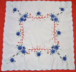 Vintage Roses Application Cut Embroidery White Blue Tablecloth
