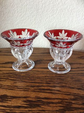 Mikasa? Set Of 2 Tapered Cut Crystal Glass Candle Holders Cranberry Red Rim