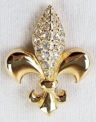 Swarovski Fleur De Lis Pin Brooch Authentic Signed Goldtone Brushed