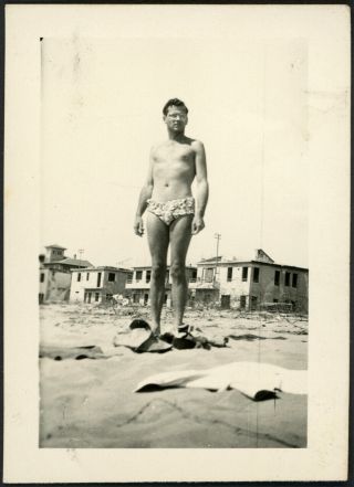 Handsome Shirtless Man In Swimsuit Bulge At The Beach Vintage Gay Int Photo