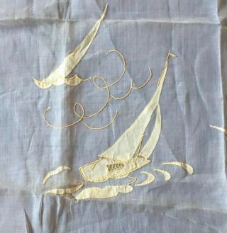 Vtg Madeira Organdy Embroidered Tablecloth/ 4 Napkins Sailboats Appliqué,  Yellow