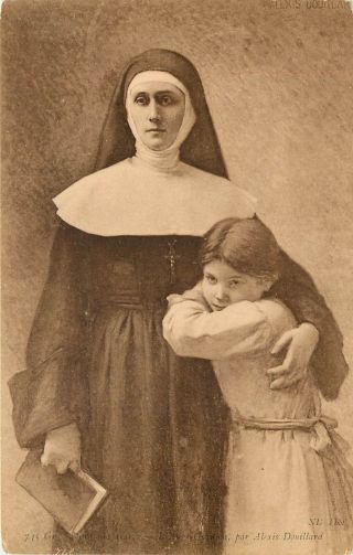 C1905 French Religious Art Postcard; Nun With Prayerbook Hugs Little Child