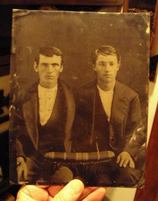 Antique Full Plate Tin Type Photo Two 2 Young Men Sitting In Stagecoach
