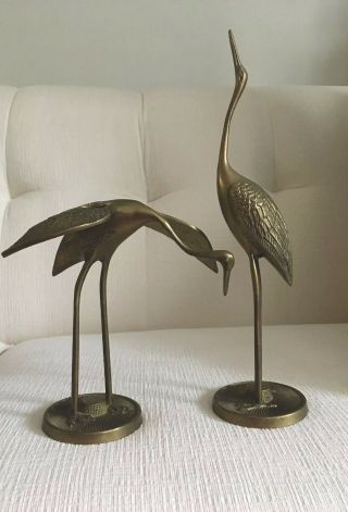 Vintage Leonard Silver Co Mcm Solid Brass Standing Crane Figurines Birds Pair