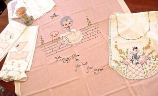 Vtg Baby Bedroom Set Pink Hand Embroidered Cover Runners Pillowcases Hull Vase