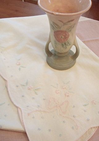 Vtg Baby Bedroom Set Pink Hand Embroidered Cover Runners Pillowcases Hull Vase 6