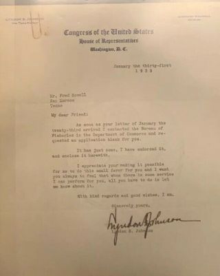 Lyndon B.  Johnson Autograph Letter Congress Of The United States,  1939,