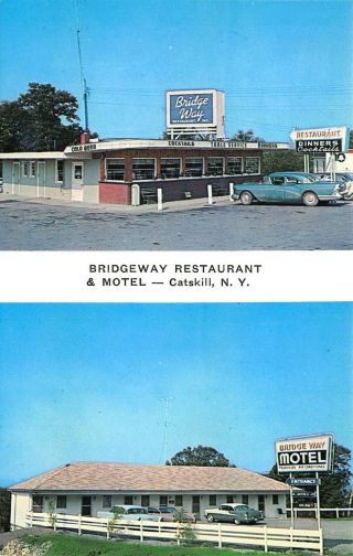 Catskill Ny Bridgeway Restaurant & Motel Duo View Old Cars Postcard