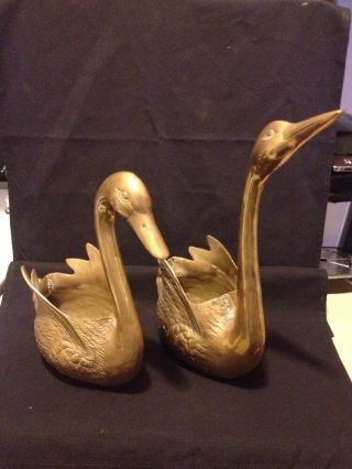 Set Of 2 Vintage Large Solid Brass Duck Swan Bird Golden Planter Pot Box