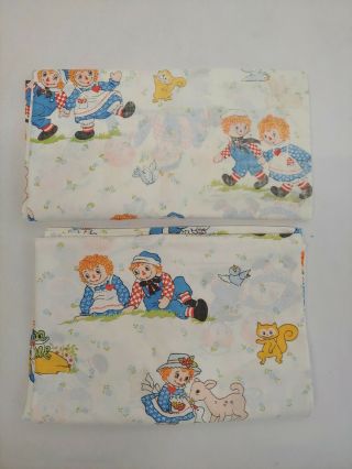 Vintage Pacific Raggedy Ann Andy Twin Flat Fitted Sheet Woodland Animal Fabric
