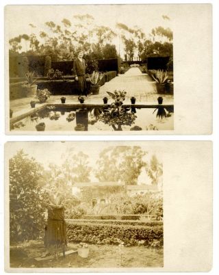 Santa Barbara Ca - 2 Views Of Woman Touring Gardens - Pair Rppc Postcards