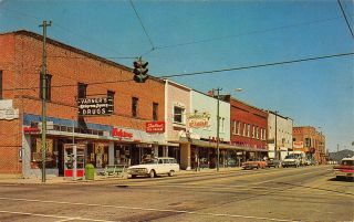 Brevard North Carolina 1950 - 60s Postcard Main Street Drug Store Restaurant