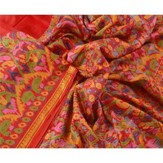 Sanskriti Vintage Red Saree Pure Silk Printed Sari Craft Zari Border Fabric