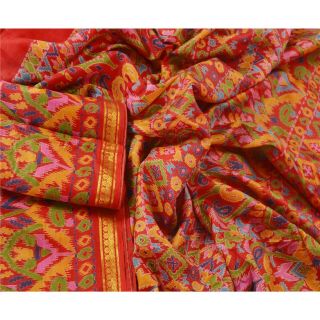 Sanskriti Vintage Red Saree Pure Silk Printed Sari Craft Zari Border Fabric 2