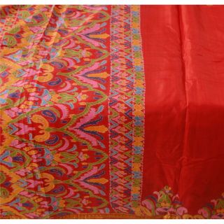 Sanskriti Vintage Red Saree Pure Silk Printed Sari Craft Zari Border Fabric 3
